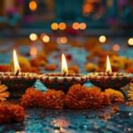 Glowing diyas with marigold flowers symbolizing divine light