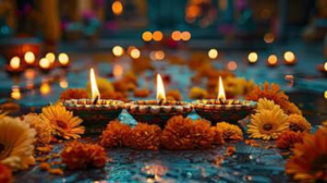 Glowing diyas with marigold flowers symbolizing divine light
