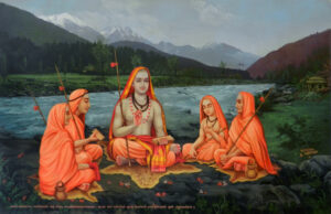 Adi Shankaracharya teaching disciples on the riverbank in the Himalayas, Mantra By Adi Shankaracharya