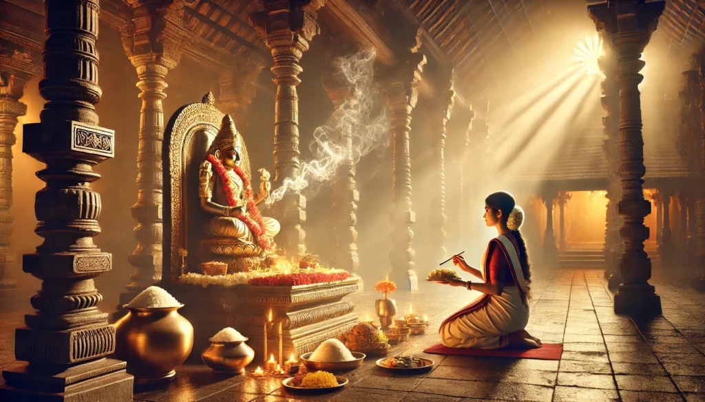 The Rationale Behind Prayer 54 South Indian temple interior at dawn golden light streaming in through stone pillars with a devotee in traditional attire offering a plate