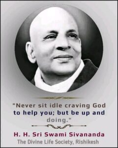 Portrait of Swami Sivananda with motivational text.