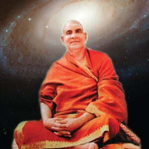 Swami Sivananda seated with glowing galaxy background