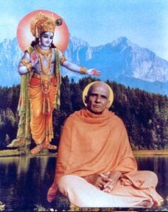 Swami Krishnananda meditating under Lord Krishna's divine blessings
