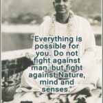 Swami Sivananda sitting with motivational quote text.