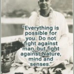 Swami Sivananda sitting with motivational quote text.