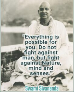 Swami Sivananda sitting with motivational quote text.