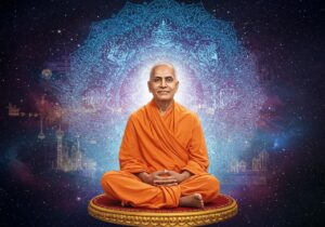 Swami Sivananda meditating with radiant spiritual aura symbolizing timeless wisdom, peace, and divine enlightenment