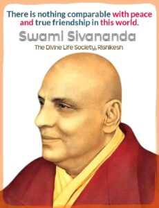 Illustration of Swami Sivananda with peace quote.