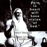 Swami Sivananda sitting with a spiritual quote.