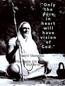 Swami Sivananda sitting with a spiritual quote.