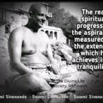 Swami Sivananda sitting with spiritual progress quote.