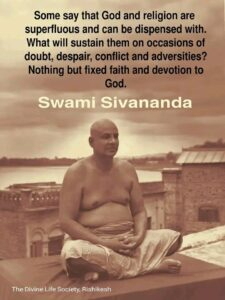 Swami Sivananda meditating with an inspiring quote.