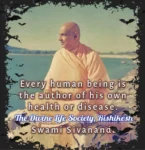 Swami Sivananda sitting outdoors with health quote.