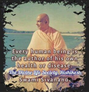 Swami Sivananda sitting outdoors with health quote.