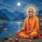 Swami Sivananda meditating by a moonlit river.