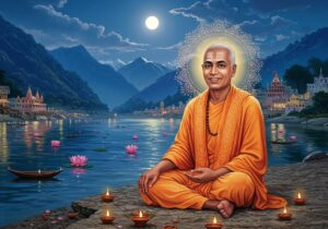 Swami Sivananda meditating by a moonlit river.