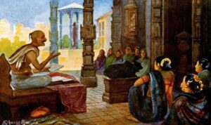 Hindu guru teaching Sanatana Dharma to devoted disciples