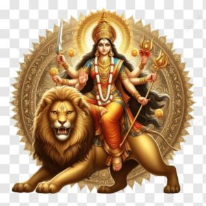 Goddess Kali riding lion with divine weapons