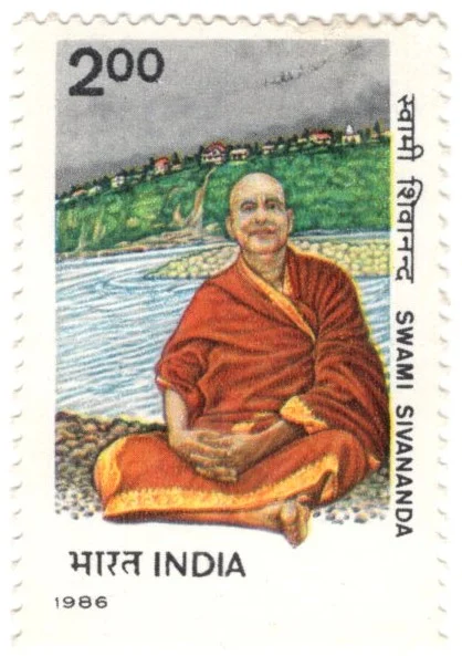 swami sivananda Indian postage stamp featuring Swami Sivananda seated by river image