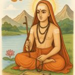 Adi Shankaracharya meditating beside peaceful riverside landscape