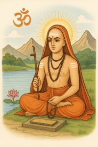 Adi Shankaracharya meditating beside peaceful riverside landscape