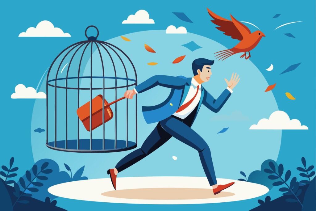 ambitious businessman breaking free from routine comfort zone escaping bird cage trap to experience new challenges and freedom vector