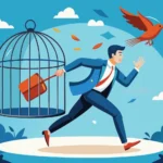 ambitious businessman breaking free from routine comfort zone escaping bird cage trap to experience new challenges and freedom vector