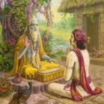 Ancient guru blessing devoted disciple beneath peaceful forest hermitage trees
