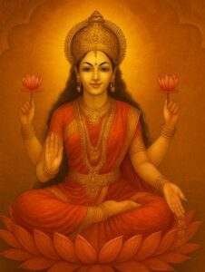 Goddess Lakshmi seated on lotus blessing devotees