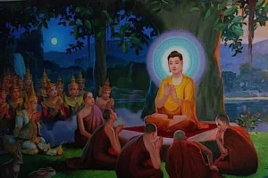 Lord Buddha teaching Dharma beneath the sacred Bodhi tree