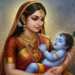 Mother Yashoda lovingly holding baby Krishna