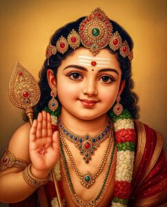 Child Lord Kartikeya holding sacred vel blessing