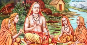 Adi Shankaracharya teaching devoted disciples beside peaceful riverside