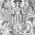 Lord Dattatreya with three faces blessing sages during a sacred ritual