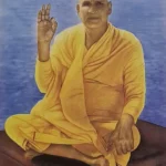 Swami Sivananda blessing devotees beside peaceful river