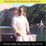 Swami Sivananda sitting by water with quote.