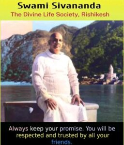 Swami Sivananda sitting by water with quote.