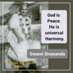 Swami Sivananda sitting with a peace quote.