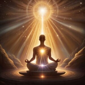 Person meditating beneath radiant divine spiritual light