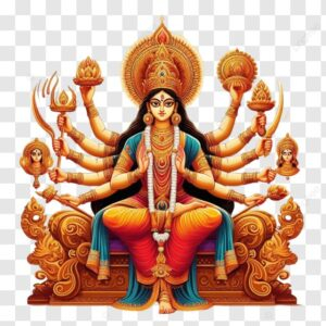 Divine Goddess Durga seated with sacred weapons