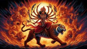 Divine Goddess Durga Riding Fierce Sacred Tiger
