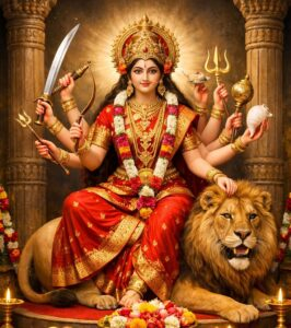 Divine Goddess Durga Seated With Majestic Lion