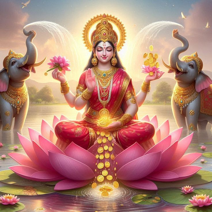 Goddess Lakshmi seated on lotus with elephants, Some Delightful Offerings on Mantras