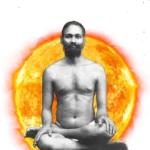 Meditating spiritual master before radiant sun symbolizing divine enlightenment and wisdom