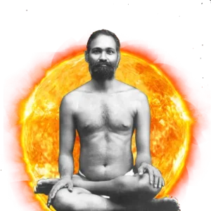 Meditating spiritual master before radiant sun symbolizing divine enlightenment and wisdom