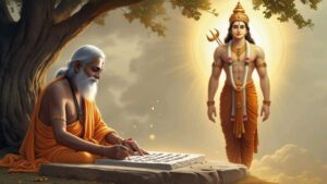 Ancient guru composing sacred scripture before Lord Shiva