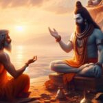 Guru blessing devoted disciple beside sacred riverbank