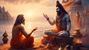 Guru blessing devoted disciple beside sacred riverbank