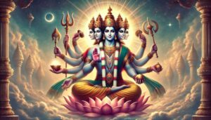 Panchamukha Guru meditating upon radiant divine lotus