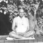 Swami Sivananda meditating peacefully beneath shady tree